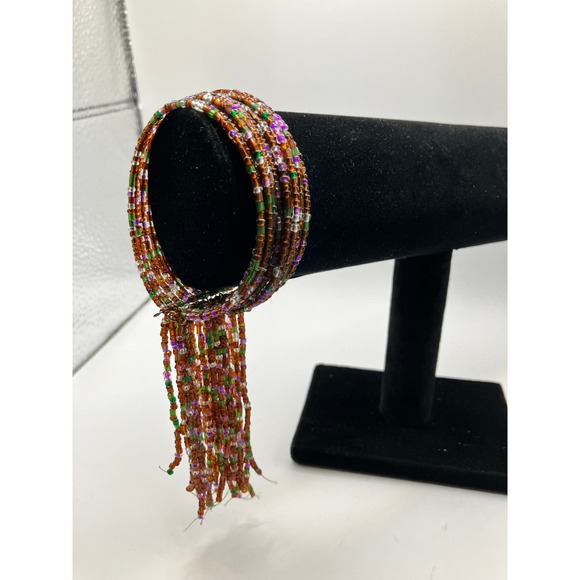 Homemade Purple White & Green Beaded Wire Cuff with Tassels Bracelet! - Picture 4 of 6